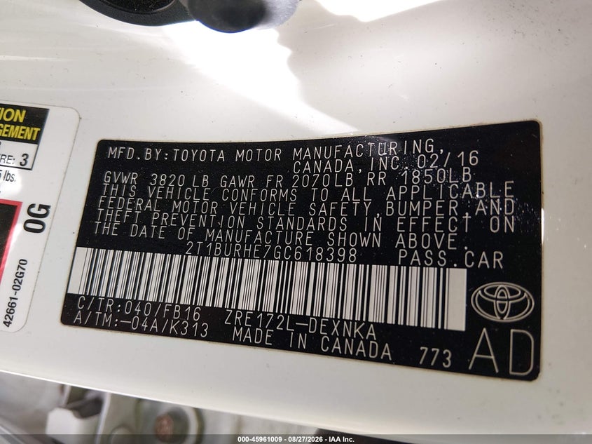 2016 TOYOTA COROLLA SEDAN 1.8L I-4 DOHC, VVT, 132HP