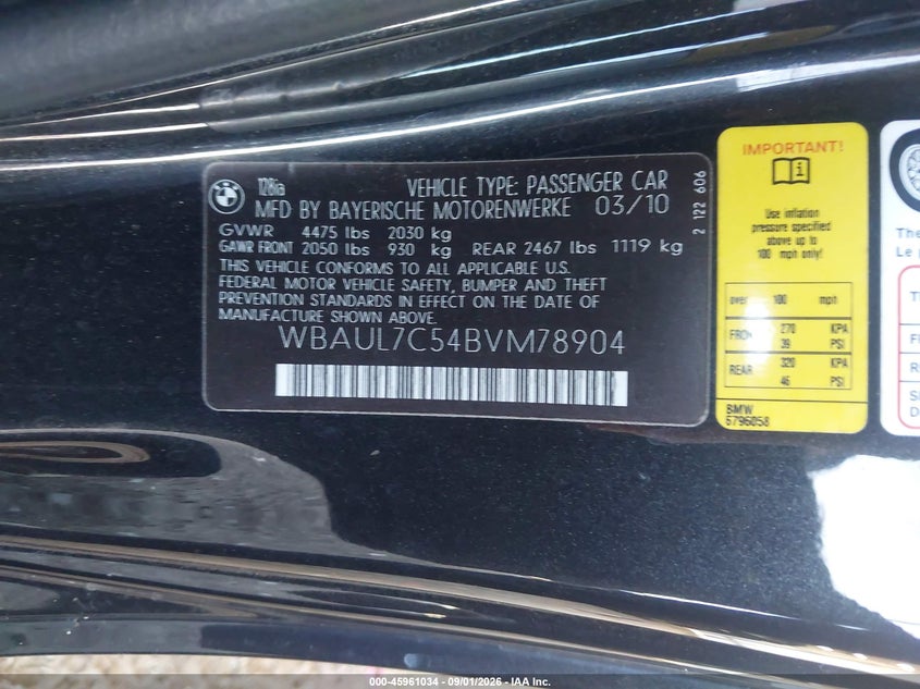 BMW 128I 2011 VIN WBAUL7C54BVM78904