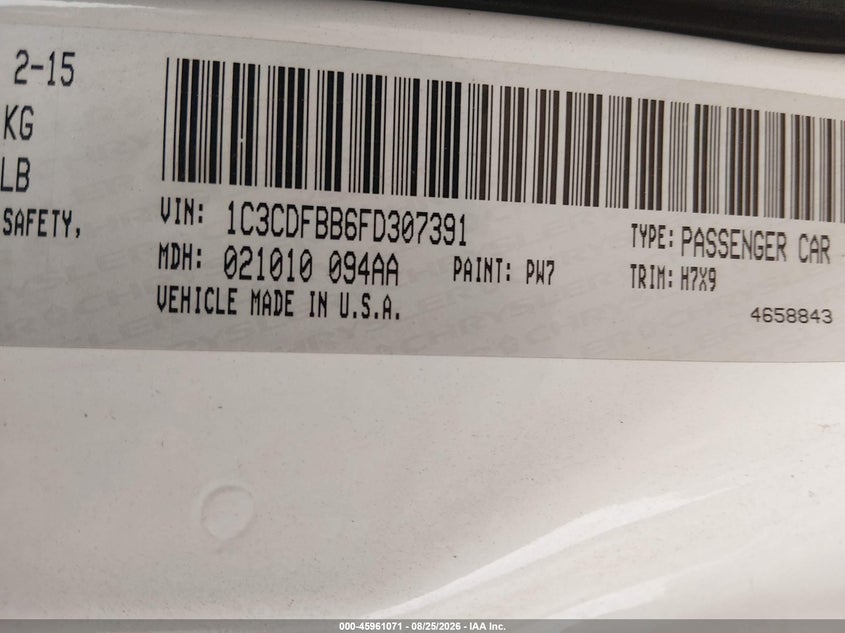 DODGE DART 2015 VIN 1C3CDFBB6FD307391