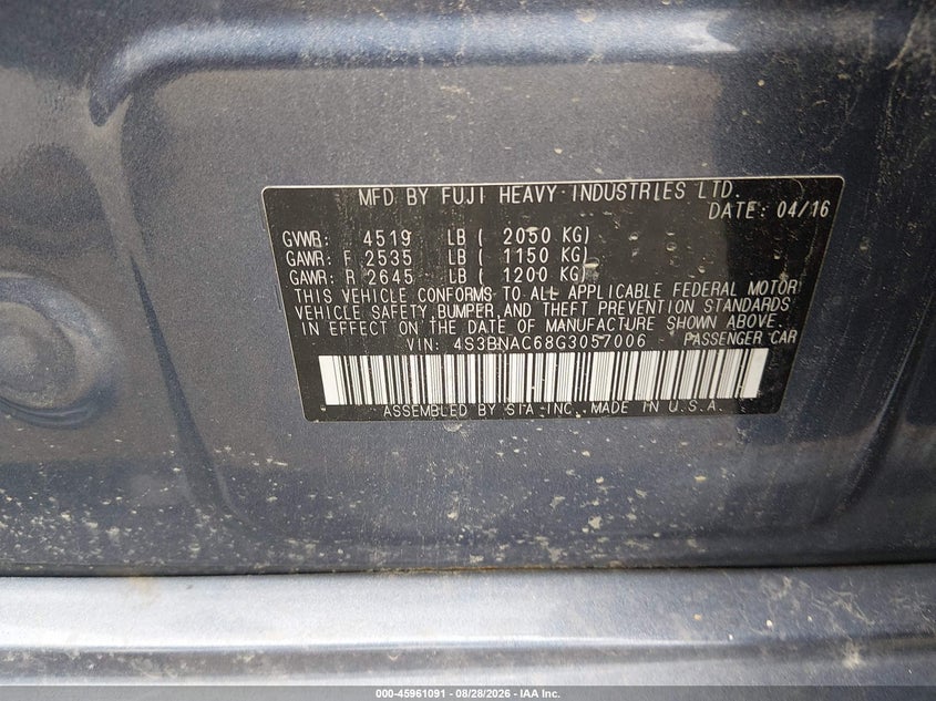 SUBARU LEGACY 2016 VIN 4S3BNAC68G3057006