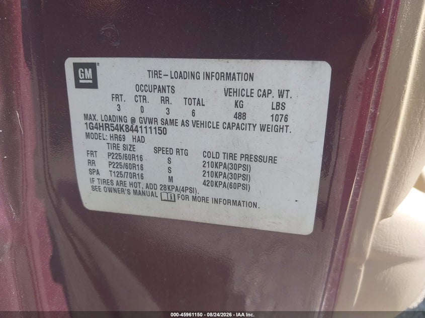 BUICK LESABRE 2004 VIN 1G4HR54K844111150