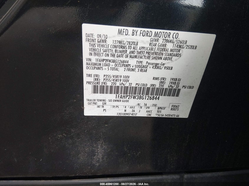 2011 FORD TAURUS SEDAN 3.5L V-6 DOHC, VVT, 263HP