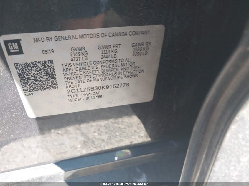 CHEVROLET IMPALA 2019 VIN 2G11Z5S30K9152778