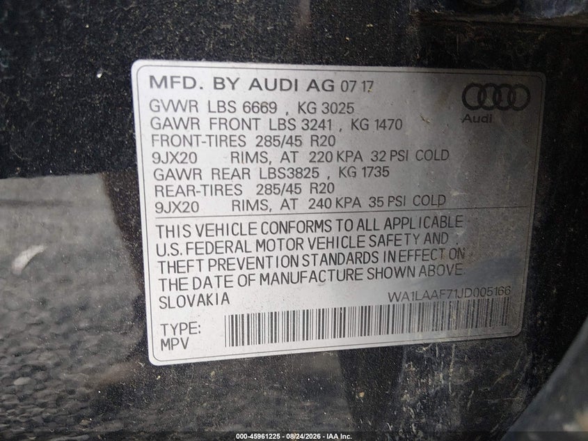 AUDI Q7 2018 VIN WA1LAAF71JD005166