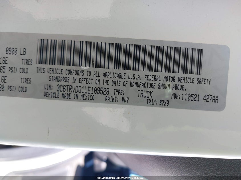 RAM PROMASTER 2500 2020 VIN 3C6TRVDG1LE109528