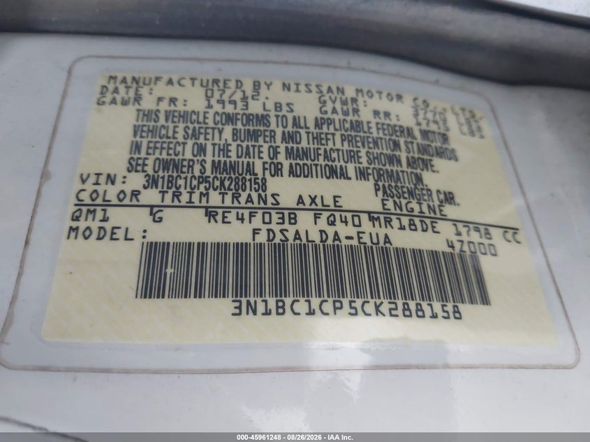 NISSAN VERSA 2012 VIN 3N1BC1CP5CK288158