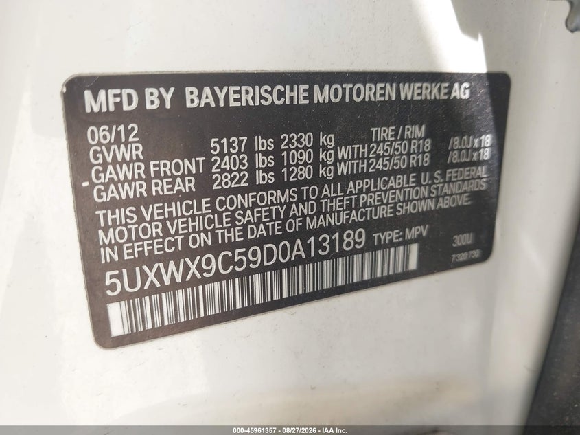2013 BMW X3 SPORT UTILITY VEHICLE 2.0L I-4 DI, DOHC, VVT, TURBO, 240HP