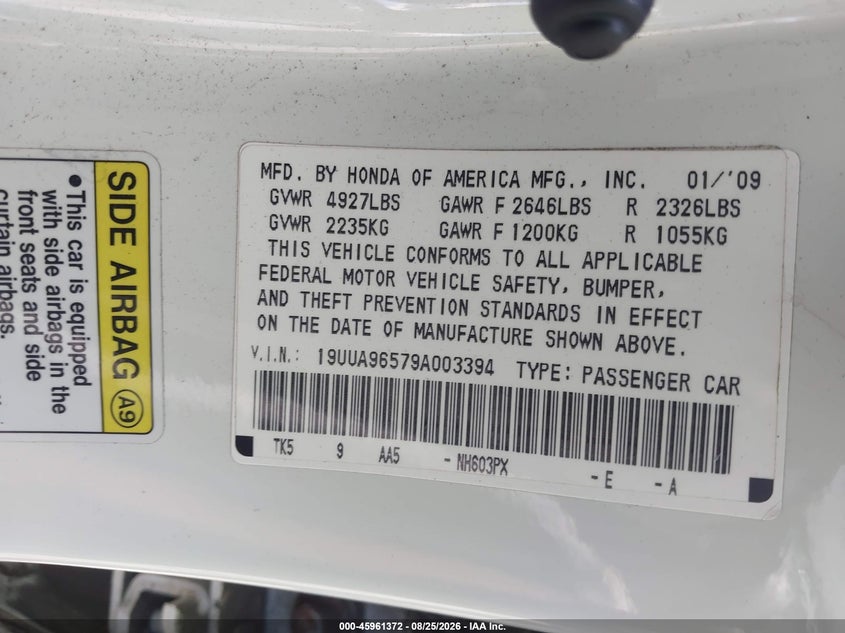 ACURA TL 2009 VIN 19UUA96579A003394