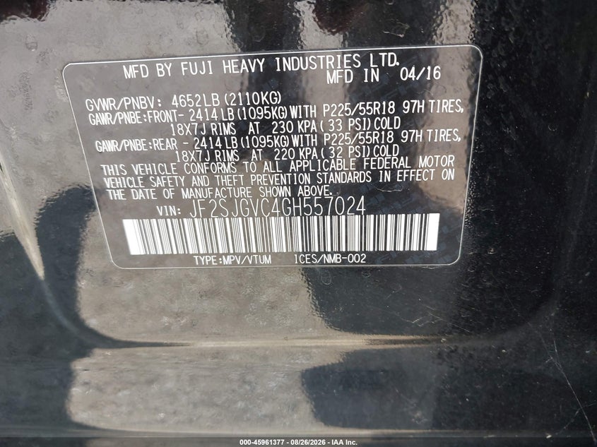 2016 SUBARU FORESTER SPORT UTILITY VEHICLE 2.0L H-4 DI, DOHC, VVT, TURBO, 250HP
