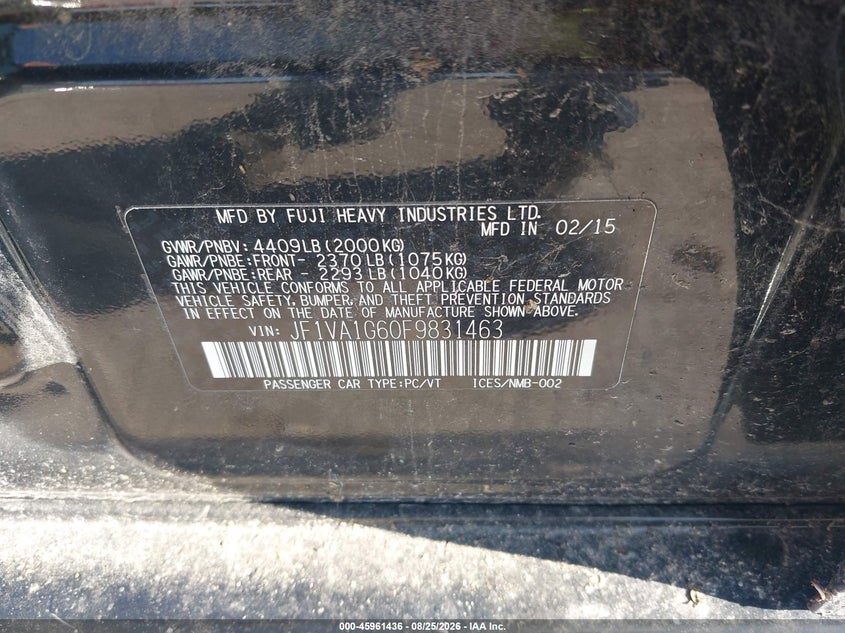 SUBARU WRX 2015 VIN JF1VA1G60F9831463