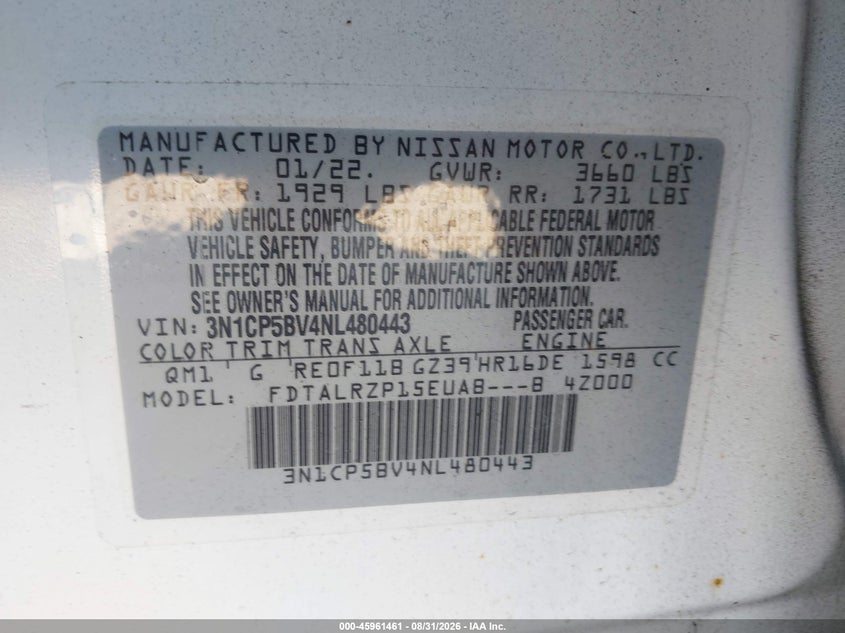 NISSAN KICKS 2022 VIN 3N1CP5BV4NL480443