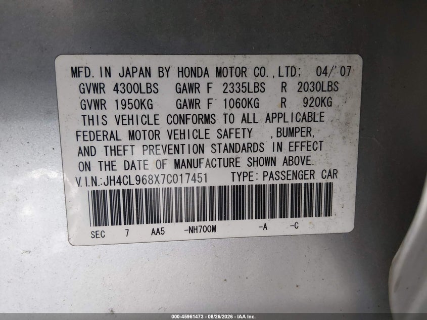 ACURA TSX 2007 VIN JH4CL968X7C017451