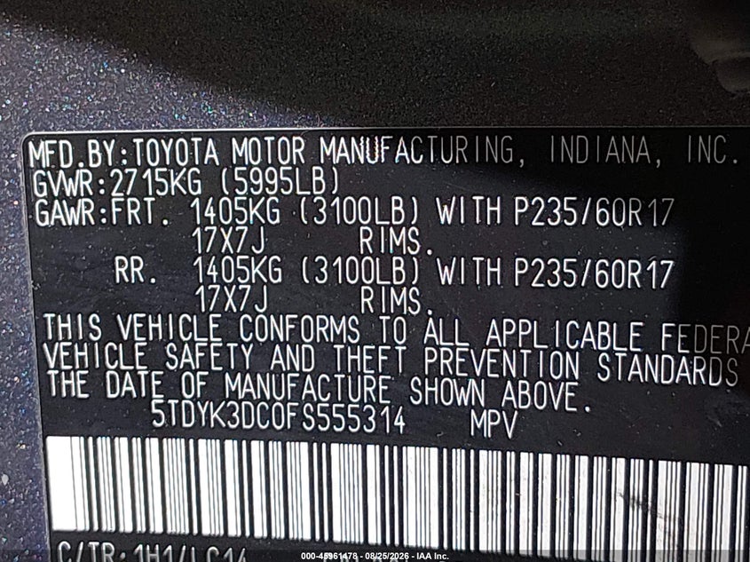 TOYOTA SIENNA 2015 VIN 5TDYK3DC0FS555314