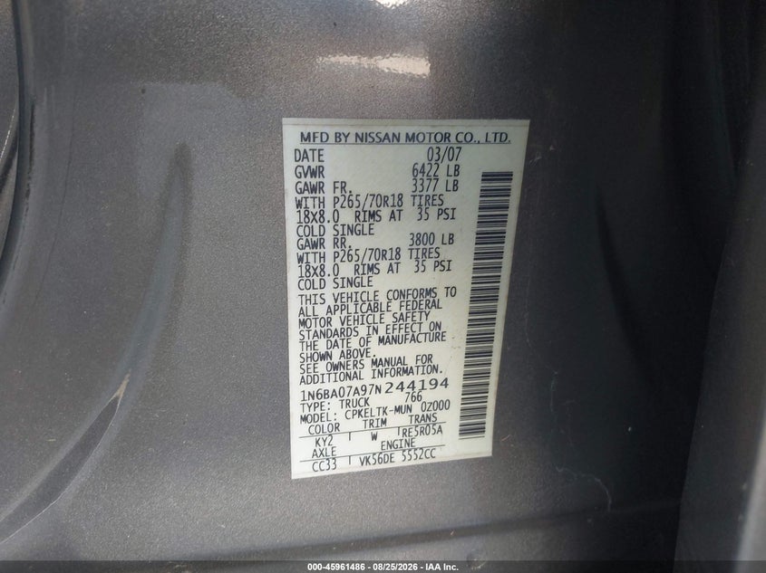 NISSAN TITAN 2007 VIN 1N6BA07A97N244194