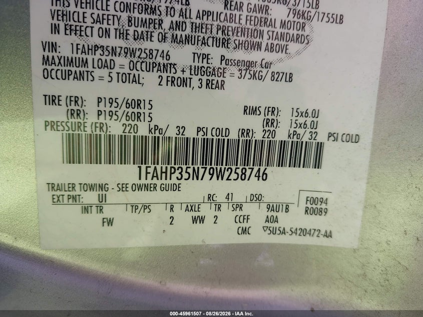 FORD FOCUS 2009 VIN 1FAHP35N79W258746