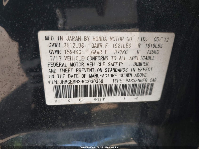 HONDA FIT 2012 VIN JHMGE8H39CC030368