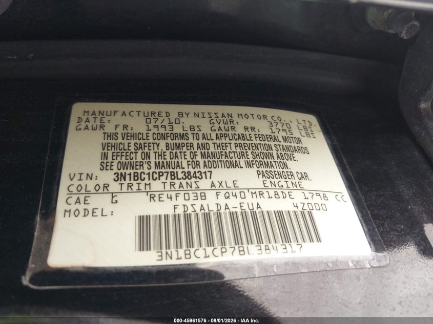 NISSAN VERSA 2011 VIN 3N1BC1CP7BL384317