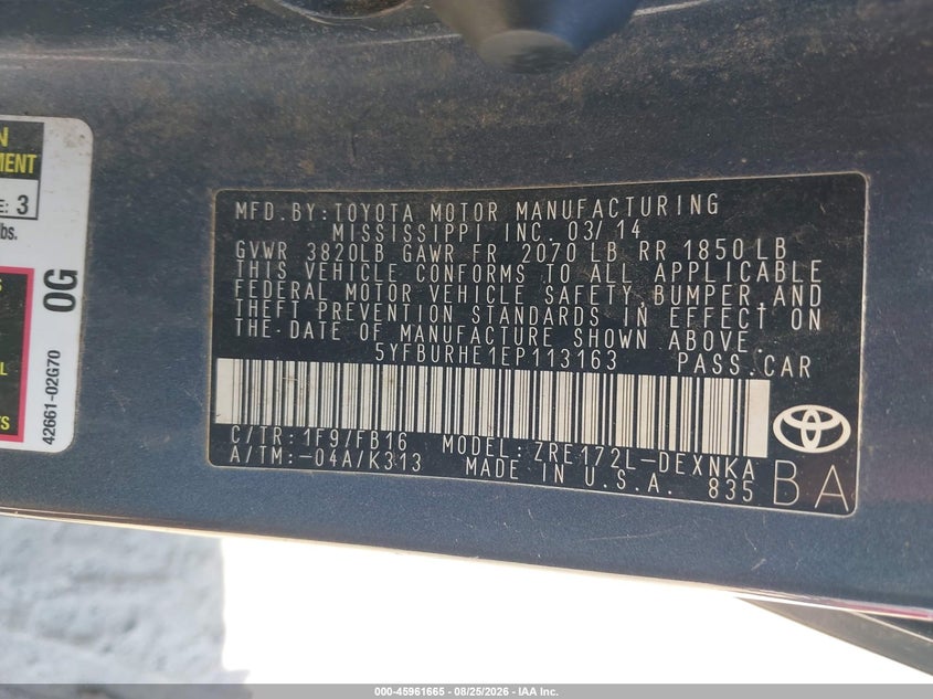 2014 TOYOTA COROLLA SEDAN 1.8L I-4 DOHC, VVT, REGULAR , 132HP