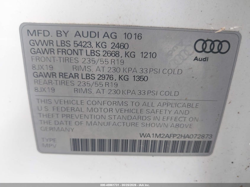 AUDI Q5 2017 VIN WA1M2AFP2HA072873