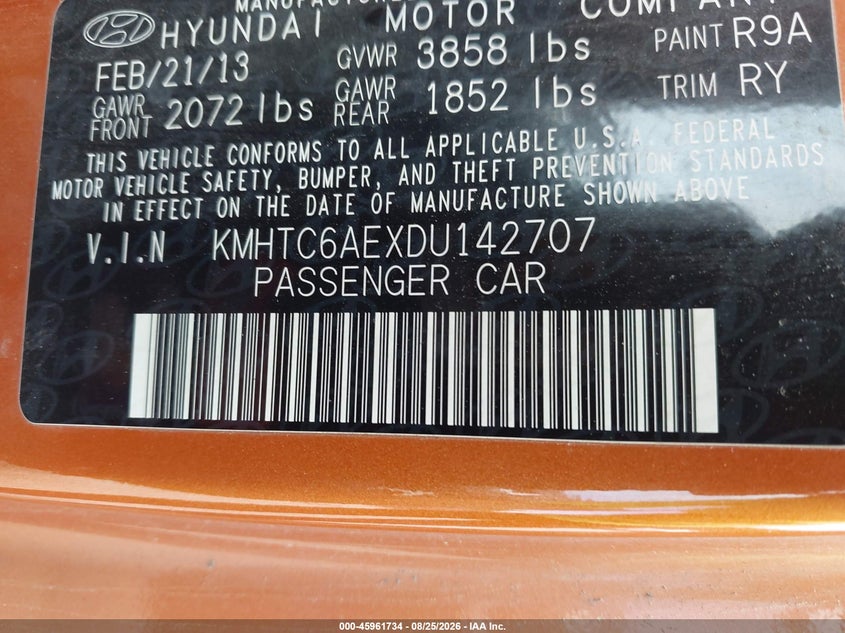 HYUNDAI VELOSTER 2013 VIN KMHTC6AEXDU142707