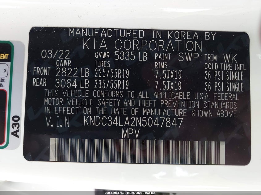 KIA EV6 2022 VIN KNDC34LA2N5047847