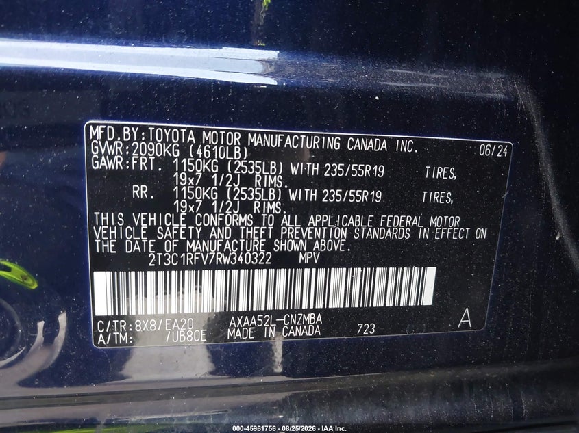 TOYOTA RAV4 2024 VIN 2T3C1RFV7RW340322