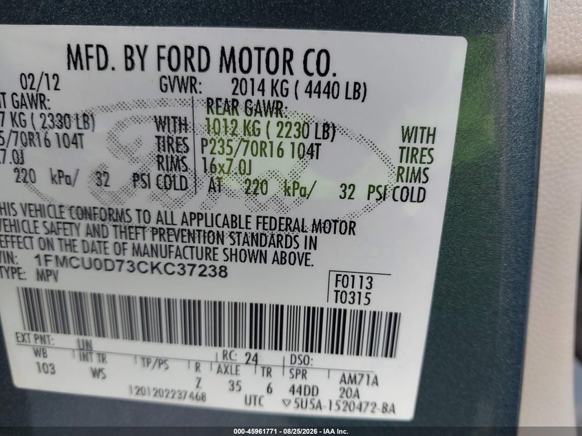 2012 FORD ESCAPE SPORT UTILITY VEHICLE 2.5L I-4 DOHC, VVT, 171HP