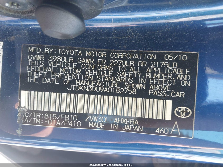 TOYOTA PRIUS 2010 VIN JTDKN3DU9A0182758