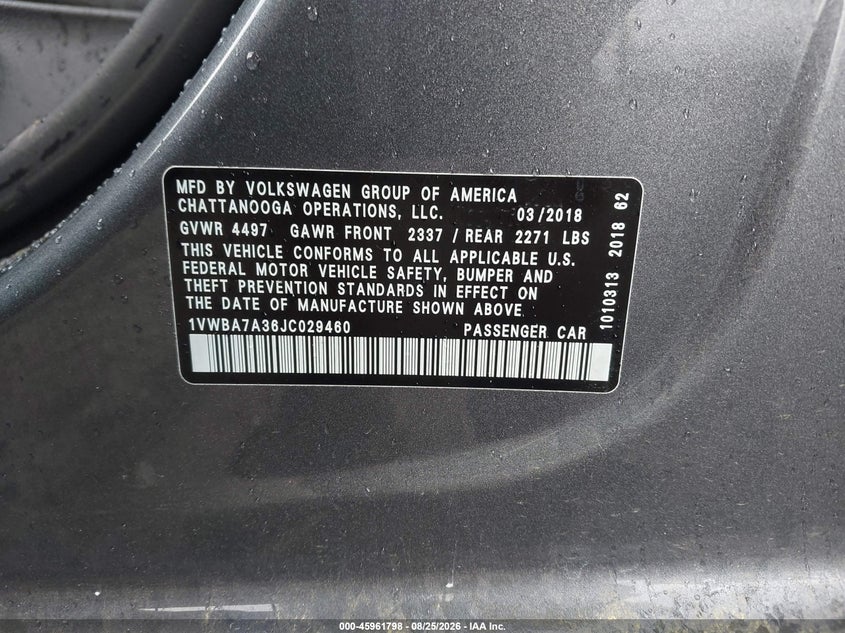 VOLKSWAGEN PASSAT 2018 VIN 1VWBA7A36JC029460