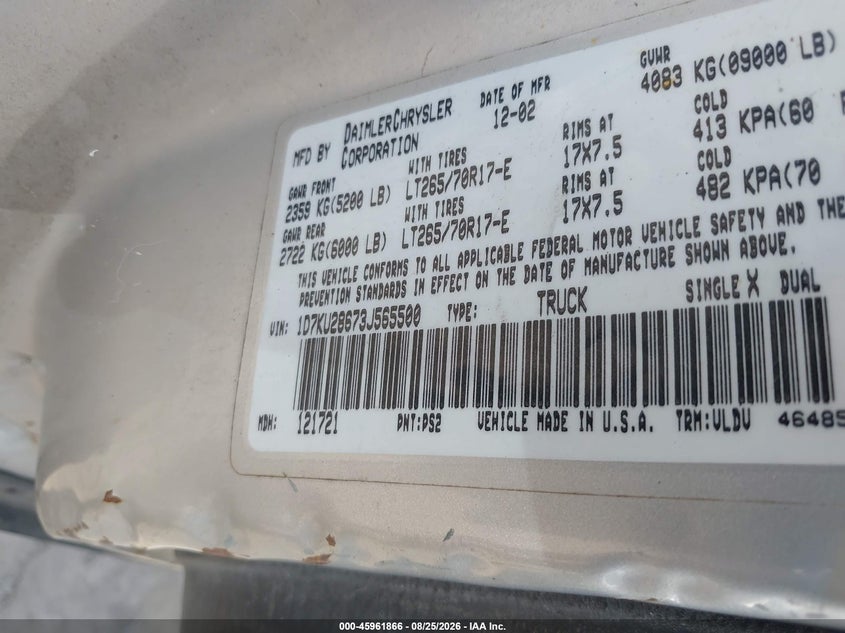 DODGE RAM 2500 2003 VIN 1D7KU28673J565500