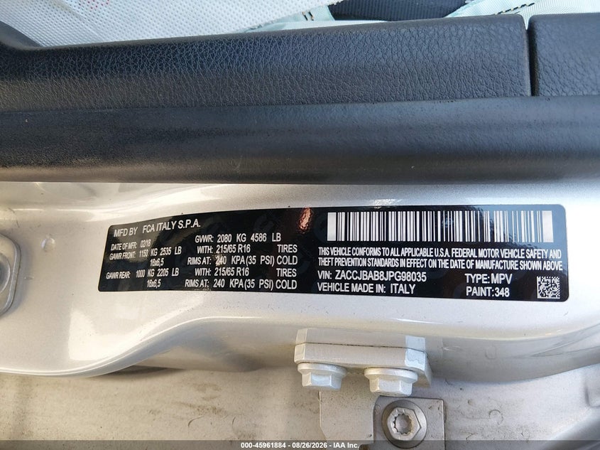 JEEP RENEGADE 2018 VIN ZACCJBAB8JPG98035
