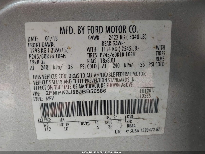 FORD EDGE 2018 VIN 2FMPK3J88JBB56586