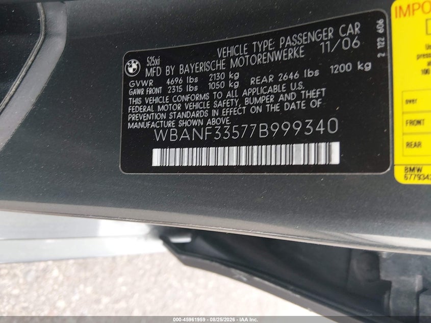 BMW 525XI 2007 VIN WBANF33577B999340