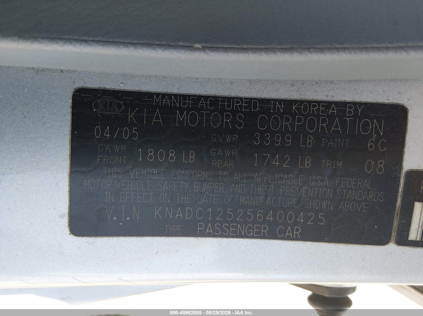 KIA RIO 2005 VIN KNADC125256400425
