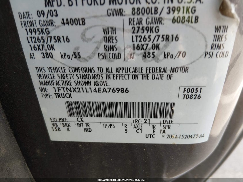FORD F250 2004 VIN 1FTNX21L14EA76986