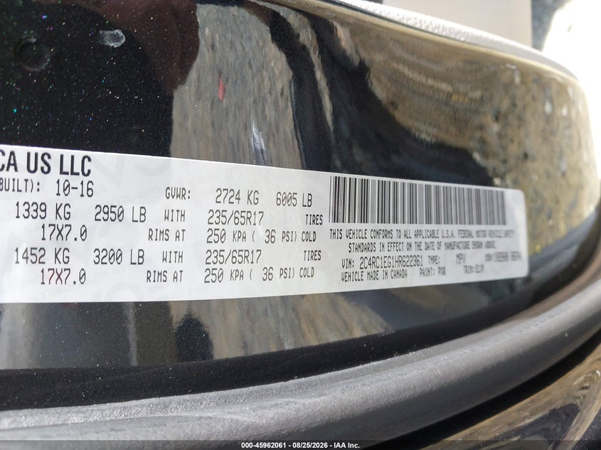 CHRYSLER PACIFICA 2017 VIN 2C4RC1EG1HR622361