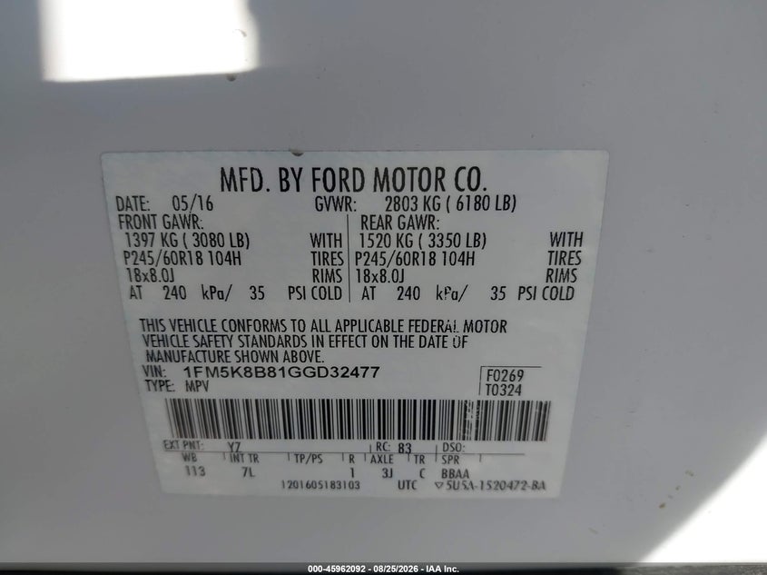 2016 FORD EXPLORER SPORT UTILITY VEHICLE 3.5L V-6 DOHC, VVT, 290HP