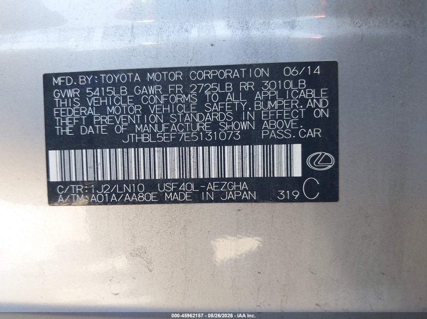 LEXUS LS 460 2014 VIN JTHBL5EF7E5131073