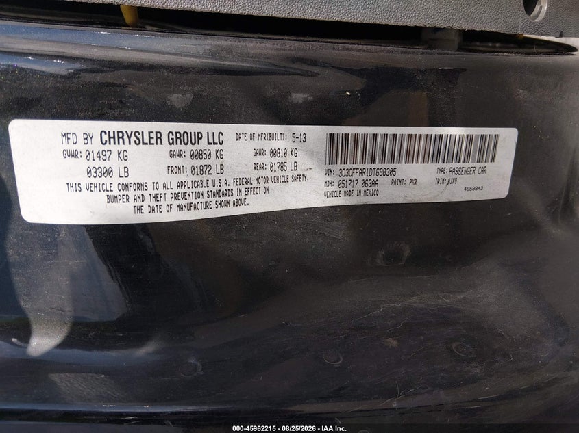 FIAT 500 2013 VIN 3C3CFFAR1DT698305