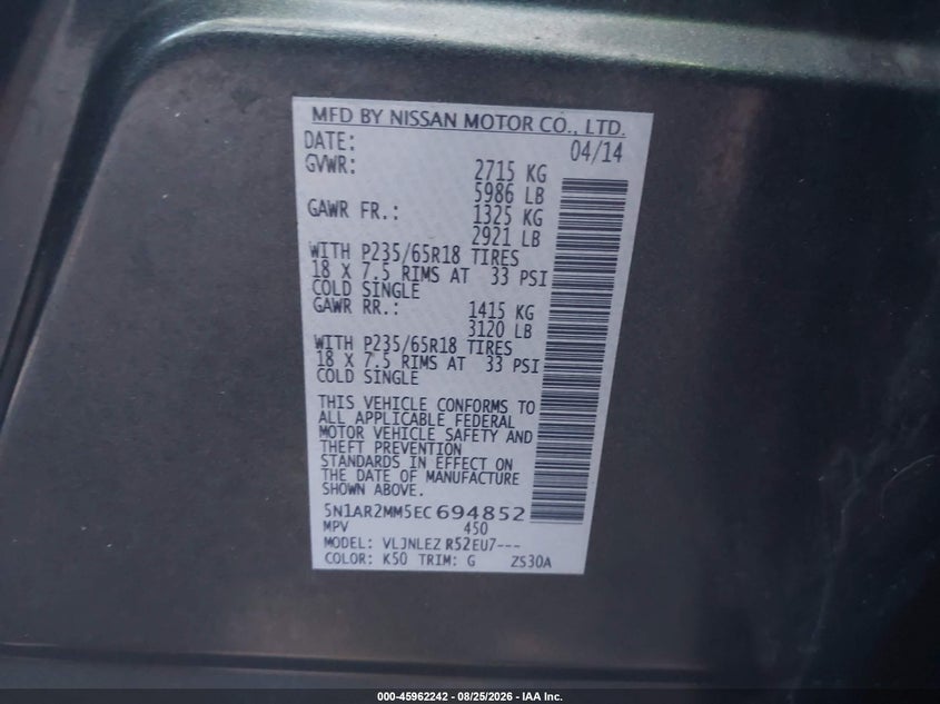 NISSAN PATHFINDER 2014 VIN 5N1AR2MM5EC694852