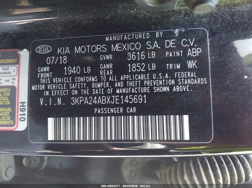 KIA RIO 2018 VIN 3KPA24ABXJE145691