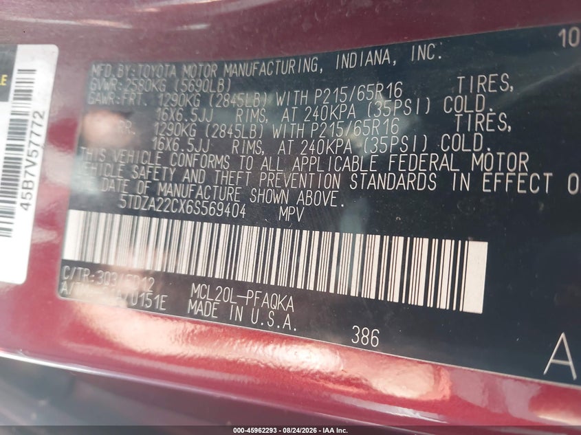TOYOTA SIENNA 2006 VIN 5TDZA22CX6S569404