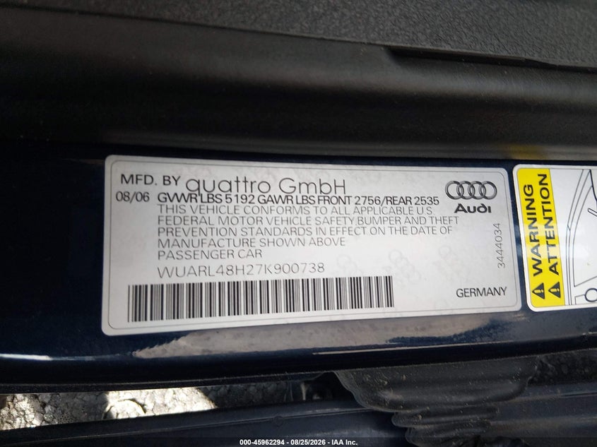 AUDI S4 2007 VIN WUARL48H27K900738