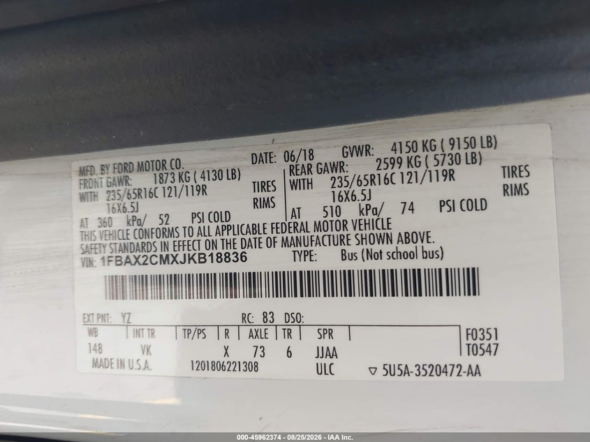 FORD TRANSIT-350 2018 VIN 1FBAX2CMXJKB18836
