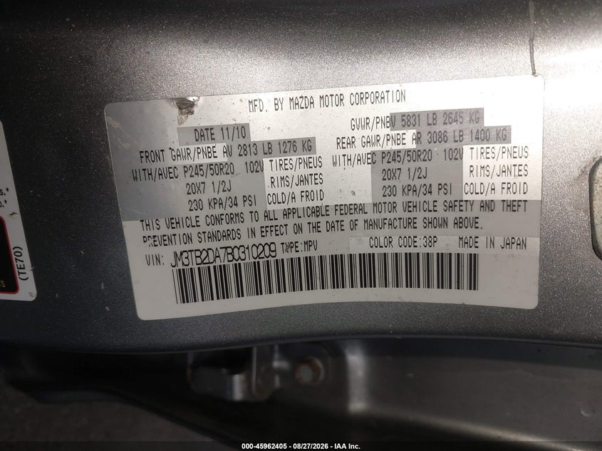 MAZDA CX-9 2011 VIN JM3TB2DA7B0310209
