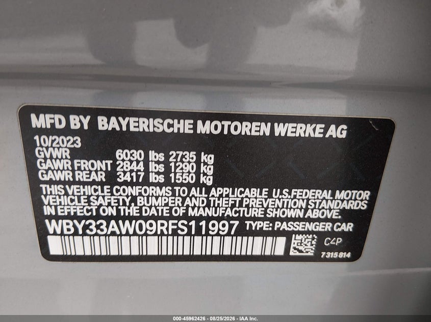 BMW I4 GRAN COUPE 2024 VIN WBY33AW09RFS11997