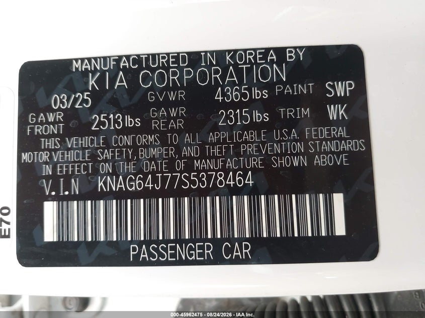 KIA K5 2025 VIN KNAG64J77S5378464