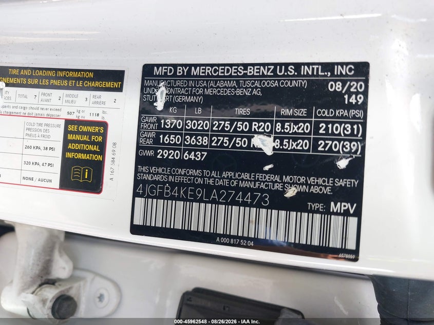MERCEDES-BENZ GLE 350 2020 VIN 4JGFB4KE9LA274473