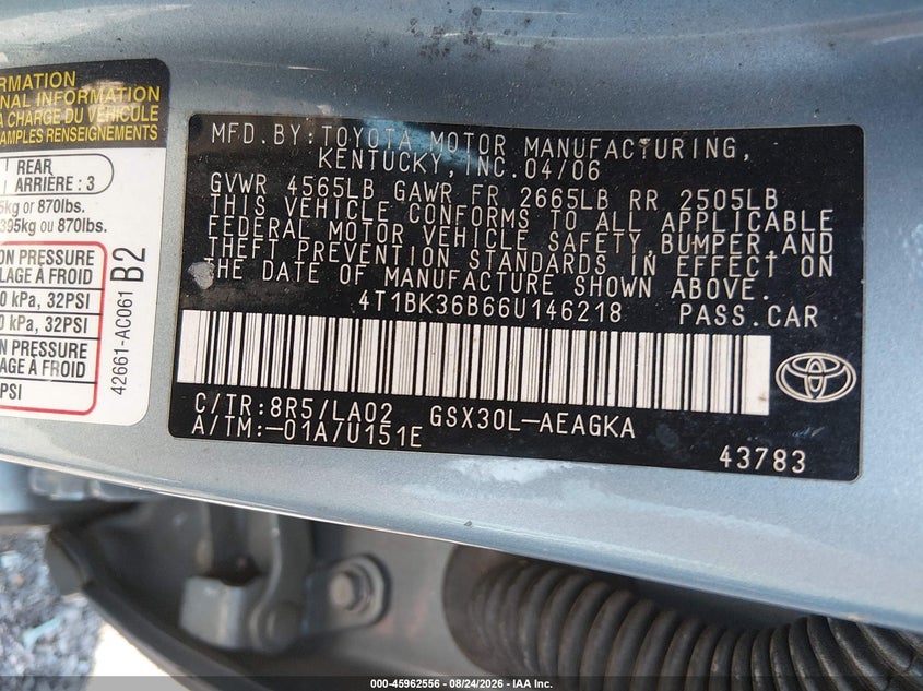 TOYOTA AVALON 2006 VIN 4T1BK36B66U146218