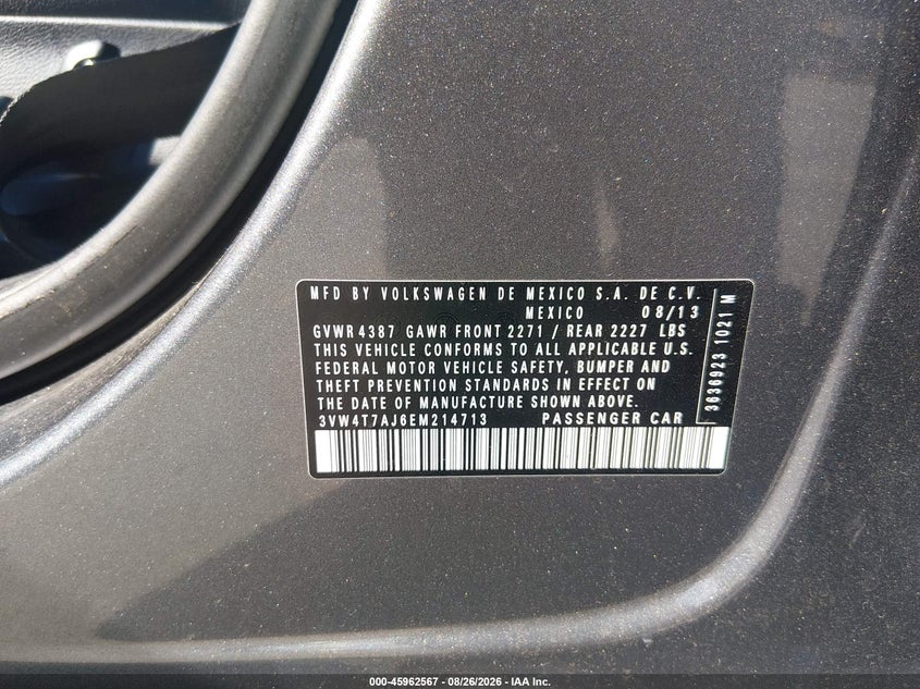 VOLKSWAGEN JETTA 2014 VIN 3VW4T7AJ6EM214713